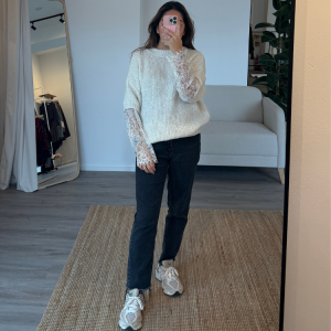 Strickpullover Lea Damen Creme mit Spitze – Onesize 34–42