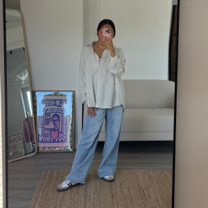 Karo Leinen Bluse Beige